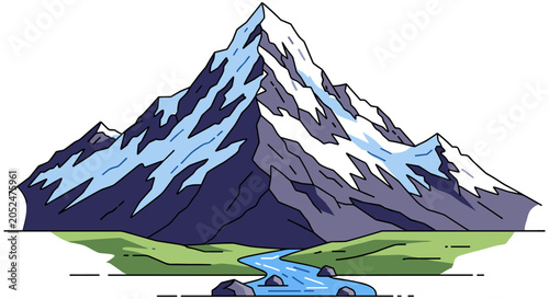 Scenic snowy mountain peak with a winding river valley mountain landscape adventure illustration environment climbing wilderness