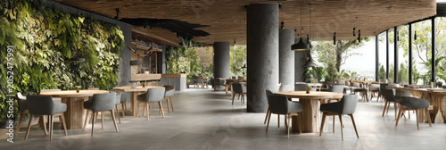 This restaurant showcases a vertical green wall filled with tropical plants. The space has wooden tables and chairs placed around a central area for dining