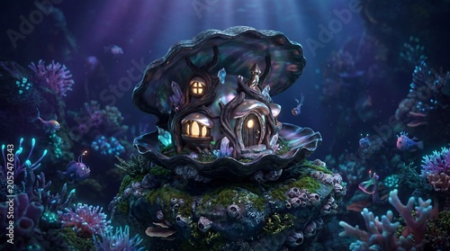 Whimsical underwater fantasy house in seashell on ocean floor with fish and coral reef