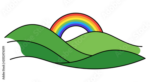 Colorful rainbow over rolling green hills illustration with landscape illustration countryside colorful background minimalist cheerful