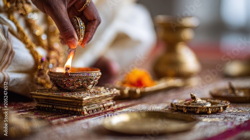 Illuminating Traditions: Close-up of Hand Lighting Festive Diya Lamp