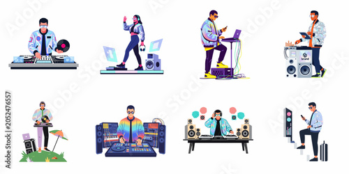 Obraz na plátně A collection of diverse DJ and music producer character illustrations in a modern, vibrant vector style, featuring various electronic music equipment and settings