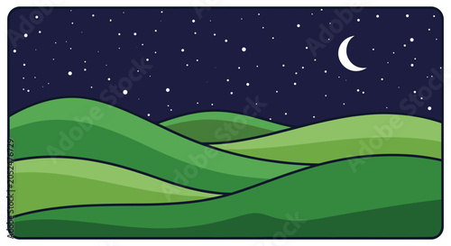 Night landscape illustration with green hills and crescent moon night sky landscape crescent background illustration nighttime