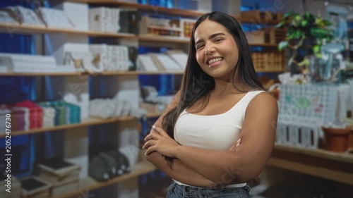 Woman smiling with arms crossed and occasional thumbs up wearing white tank amid shelves of linens in a retail building; friendly confidence.