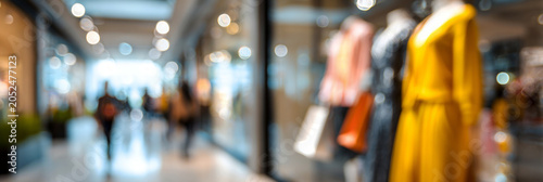 Inside a busy shopping center, blurred shoppers in bright clothes walk past store windows filled with mannequins and various purchases, creating a lively atmosphere of shopping activities