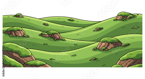 Rolling grassy hills with rock formations and green meadows landscape mountains background environment panoramic formations hillside