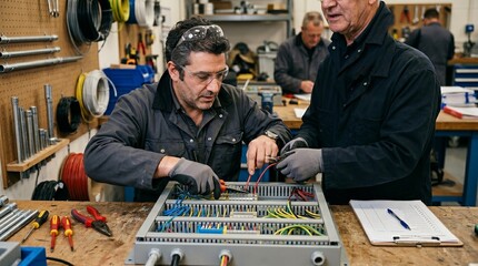 Adult apprentice electrical skills training with mentor in workshop
