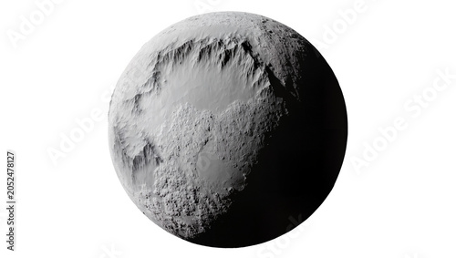 Fotografia Cratered rocky planet surface with deep canyons and shadows