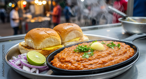 Pav bhaji with buttered bread rolls is served on a street food stall with blurry background.