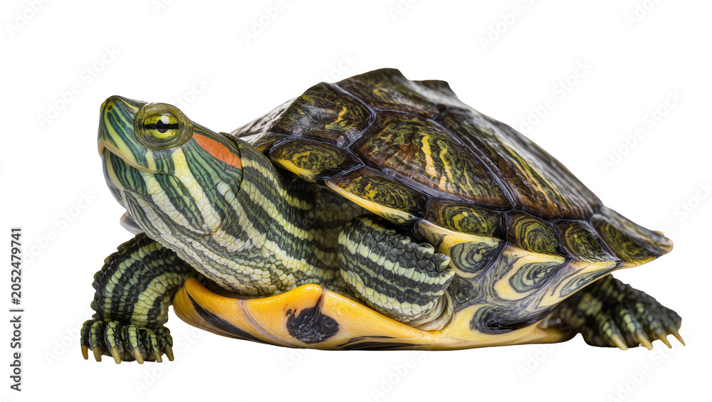 Fototapeta premium Red-eared slider turtle with patterned shell and green stripes