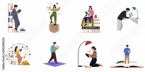 Foto Collection of vector illustrations showing students studying advanced mathematics and tensors in conceptual settings, ideal for educational and scientific design projects