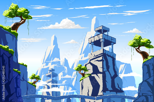 ​Fantasy mountain landscape background with ancient stone watchtowers and bridges