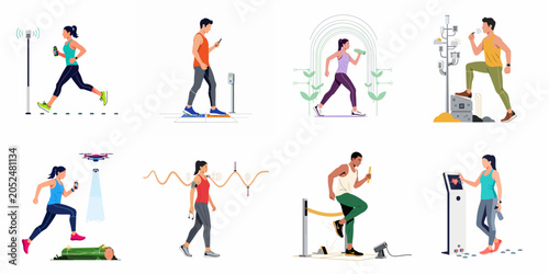 Schilderij op canvas Collection of flat vector illustrations showing athletes and fitness enthusiasts using advanced smart technology, sensors, and gadgets for training and performance monitoring