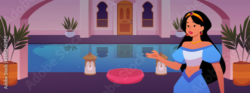 Fotografie An oriental princess against the backdrop of a palace interior with a pool, arches, and plants