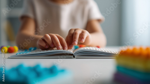 Close-up of a child reading a tactile braille book with fingertips. Inclusive education, literacy development, accessibility, sensory learning, and support for visually impaired children.