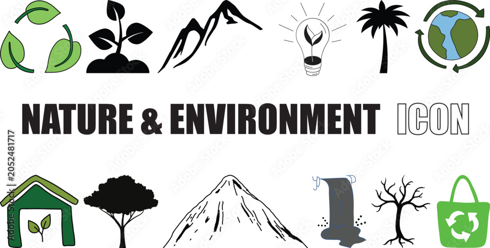 Fototapeta premium Eco Nature Icons Collection Green Environment Symbols, Trees, Water Vector.