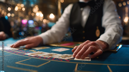 Professional casino dealer managing cards at a gaming table. Gambling entertainment, casino operations, card game strategy, hospitality and gaming industry concept.