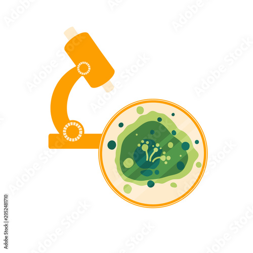 Orange microscope with petri dish mold sample on white. Scientific vector for lab reports, contamination studies and air quality education.
