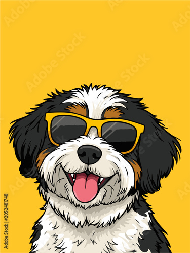 Cartoon vector illustration of a cute furry dog ​​wearing yellow sunglasses