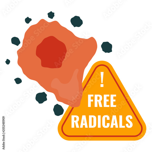 Free radicals attack sign over damaged cell. Medical vector illustration.