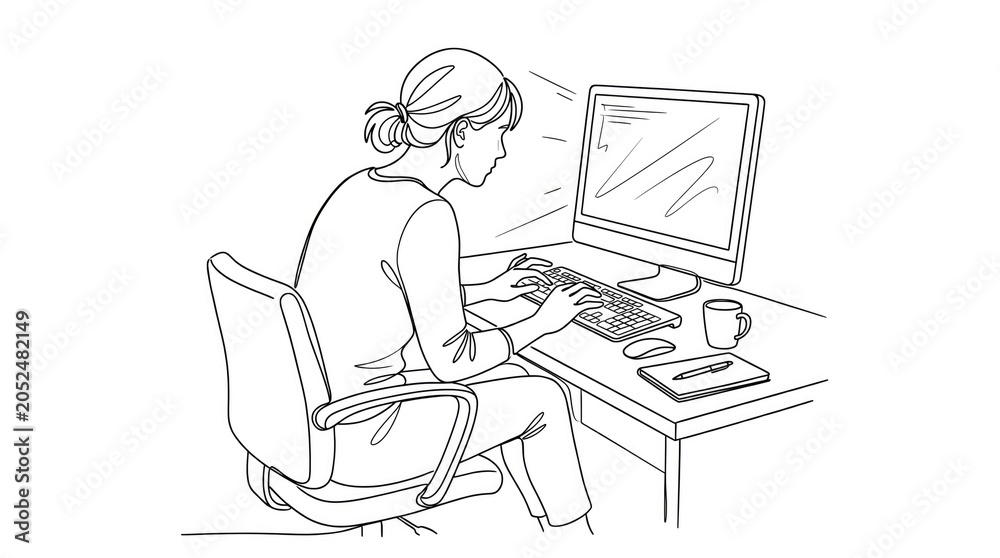 Fototapeta premium Woman working on computer, office workspace, line art illustration