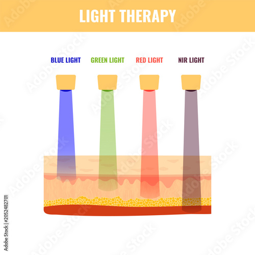 LED light therapy skin depth chart with colored beams, infrared and tissue penetration vector illustration.