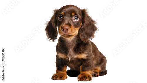 Foto Long-haired chocolate dachshund puppy sitting