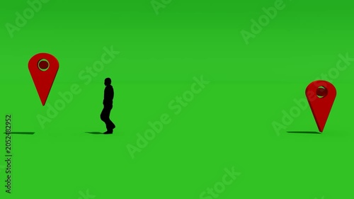 Map pin location markers with a man silhouette walking between points on a green screen background