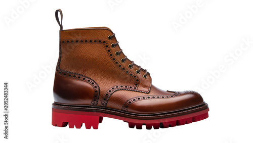 Φωτογραφία Brown Leather Wingtip Brogue Boots with Red Sole