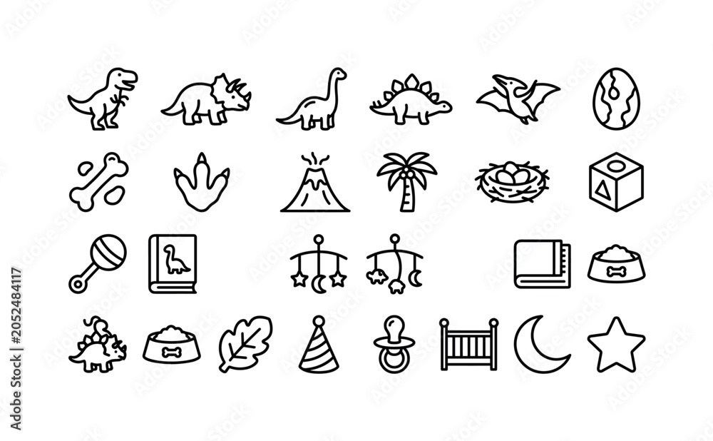 Fototapeta premium Dinosaur Nursery Pack. Line icon set of cute dinosaur objects: tyrannosaurus, triceratops, brachiosaurus, stegosaurus, pterodactyl, dinosaur egg, fossil bone, footprint, volcano, palm tree, nest, toy