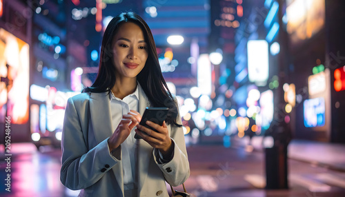 Smiling businesswoman using smartphone at night in a vibrant city with neon lights, social media, communication, urban lifestyle