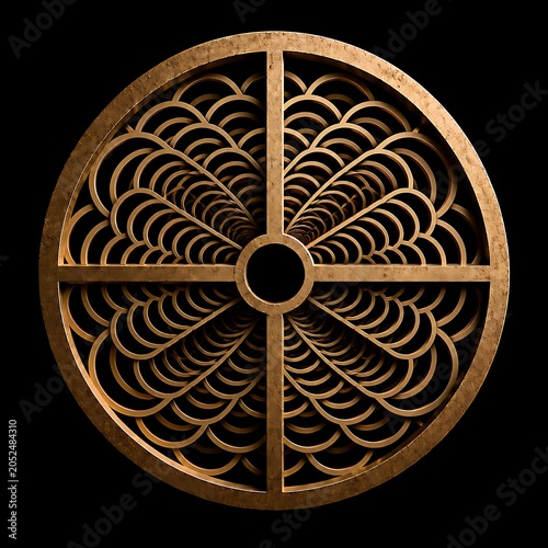 Luxury Japanese Seigaiha Optical Illusion Crest with Geometric Wave Pattern on Black Background, Elegant Gold Ornament Design, Generative AI