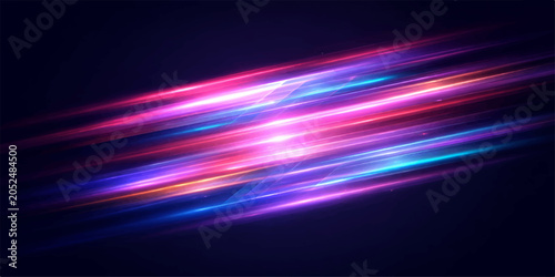 Foto Abstract streaks of vibrant neon light in shades of pink, purple, and blue blur and flow diagonally across a dark background, creating a dynamic and energetic visual effect