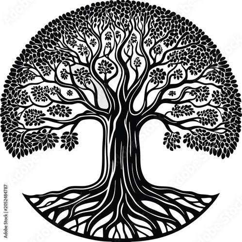 Tree of Life, Black Vector Illustration, Circular Roots and Branches, Monochrome Nature Symbol