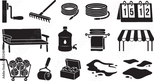 Foto Collection of black silhouette featuring garden tools, sports equipment, water c