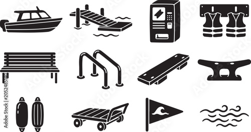 Quadro su tela Set of black nautical and marina featuring a motorboat, wooden dock, ticket mach