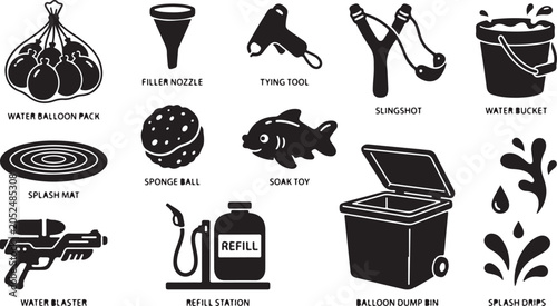 Photos Set of black water play and summer activity including a water balloon pack, fill