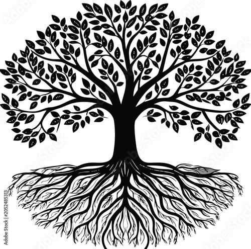 Black tree icon, root system illustration, leafy tree silhouette, vector tree graphic