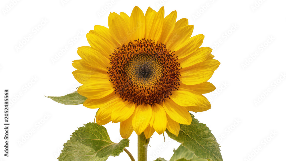 Obraz premium Bright yellow sunflower with green leaves and brown center