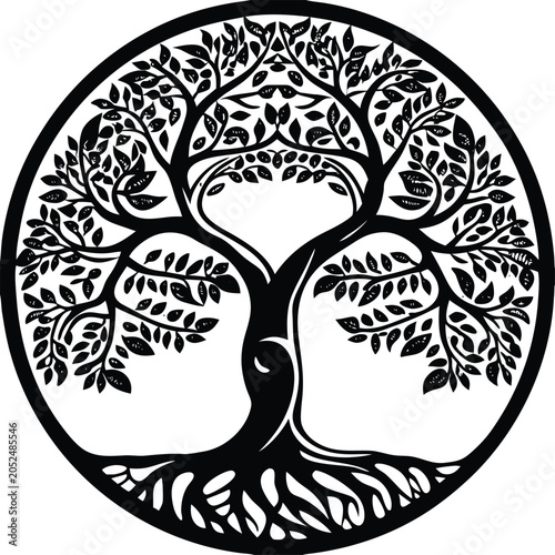 Tree of Life Icon, Black Vector Logo, Circular Design, Silhouette Illustration