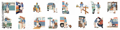 Flat vector illustration set depicting a woman's solo road trip adventures with a vintage camper van, including camping, surfing, and various travel activities.