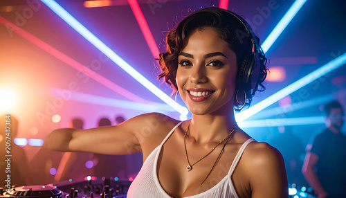 Smiling woman dj with headphones on playing music at a nightclub with neon lights, lively atmosphere