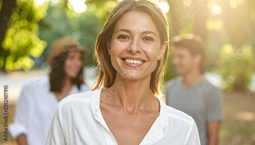Smiling woman in sunlight, outdoors with friends, natural light, happiness, summer day, portrait