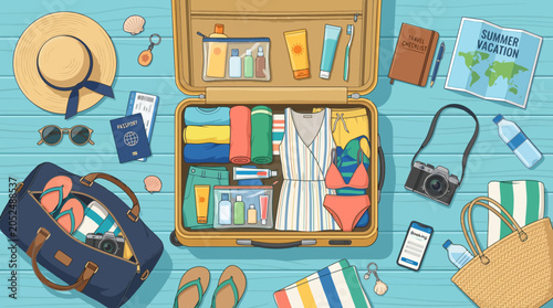Packing suitcase for summer vacation: clothes, accessories, travel essentials, top view