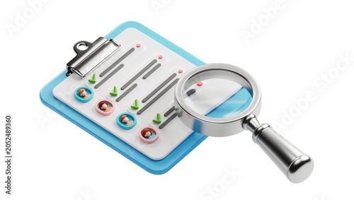 Clipboard checklist with magnifying glass and people icons