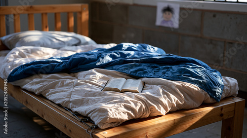 Sparse institutional dormitory room with cot, small personal Bible, and single hand-drawn child portrait taped to a cinderblock wall illustrating the confined personal space of an immigration detent