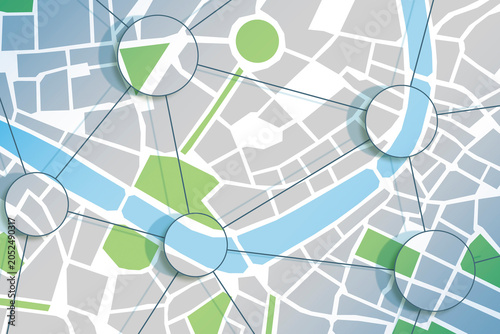 ABSTRACT URBAN MAP SHOWING A NETWORK OF CONNECTED BUILDINGS AND CITY BLOCKS - CONCEPT OF SMART CITY, URBAN PLANNING, INFRASTRUCTURE, AND DIGITAL CONNECTION FOR MODERN ARCHITECTURE VISUALIZATION