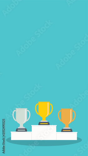 Podium winners. Gold, silver and bronze cups on podium. Vector illustration	