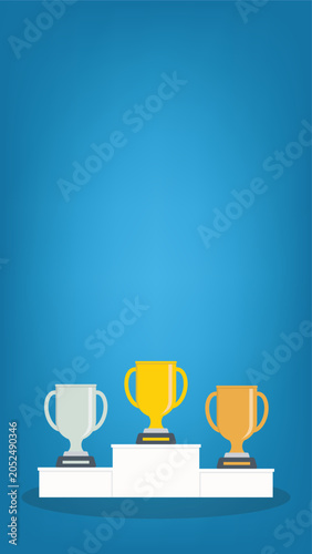 Podium winners. Gold, silver and bronze cups on podium. Vector illustration	