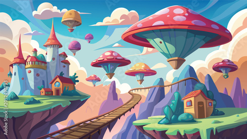 Photography Whimsical mushroom hot air balloons ascend over a fantasy castle landscape durin